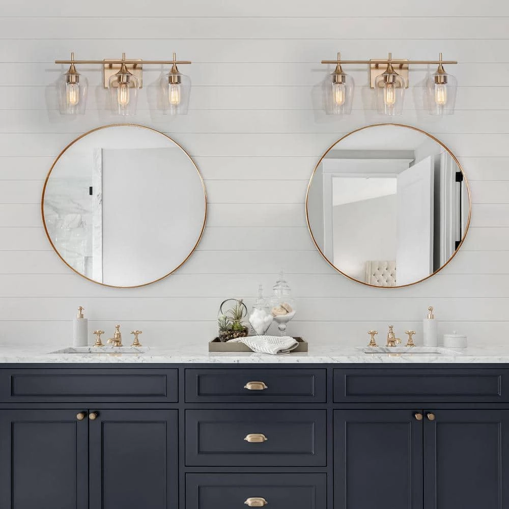 Modern Circle Bathroom Vanity Light 3-Light Brass Gold Round Powder Room Wall Sconce Light with Clear Glass Shades by Uolfin - Image 2