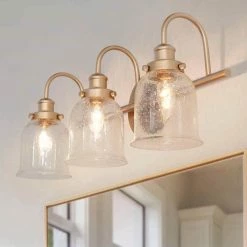 Modern Bell Brass Gold Bathroom Vanity Light 3-Light Dome Powder Room Wall Sconce Light with Seeded Glass Shades by Uolfin