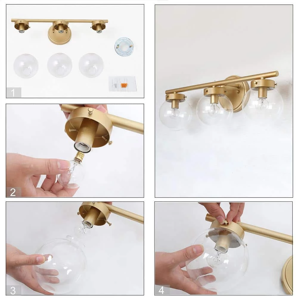 Modern Gold Bathroom Vanity Light, 3-Light Farmhouse Powder Room Globe Vanity Wall Light with Clear Glass Shades by Uolfin - Image 7