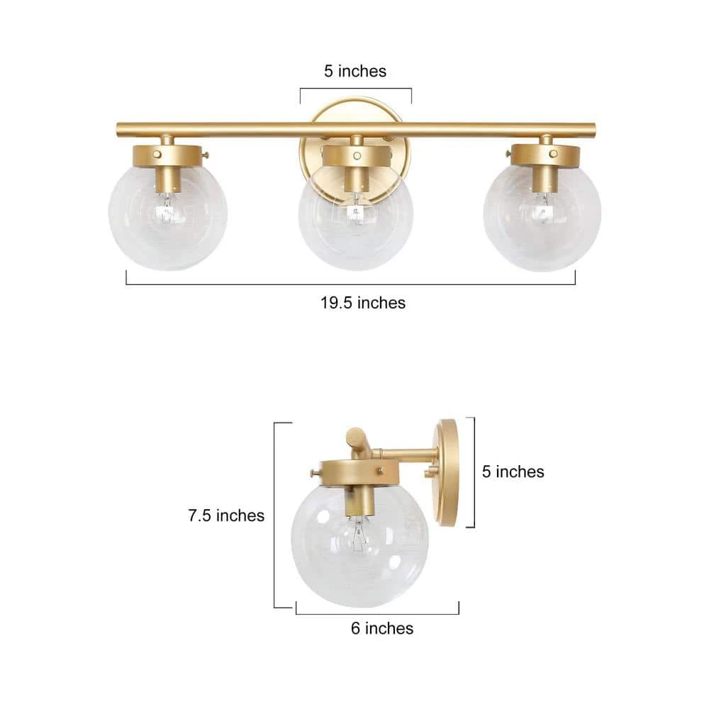 Modern Gold Bathroom Vanity Light, 3-Light Farmhouse Powder Room Globe Vanity Wall Light with Clear Glass Shades by Uolfin - Image 3