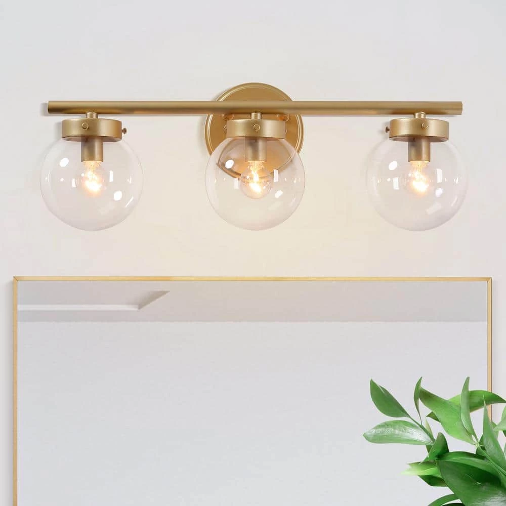 Modern Gold Bathroom Vanity Light, 3-Light Farmhouse Powder Room Globe Vanity Wall Light with Clear Glass Shades by Uolfin