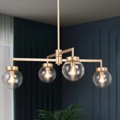 Modern Gold Sputnik Bedroom Chandelier, 27.5 in. 4-Light Farmhouse Linear Globe Dining Room Chandeliers Semi flush Mount by Uolfin