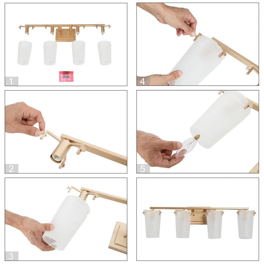 28 in. Modern Farmhouse Bathroom Vanity Light, 4-Light Contemporary Gold Wall Sconces with Bell Frosted Glass Shades by Uolfin - Image 6