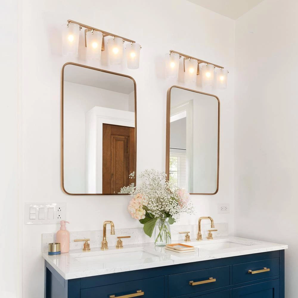 28 in. Modern Farmhouse Bathroom Vanity Light, 4-Light Contemporary Gold Wall Sconces with Bell Frosted Glass Shades by Uolfin - Image 7