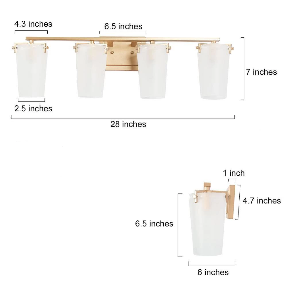 28 in. Modern Farmhouse Bathroom Vanity Light, 4-Light Contemporary Gold Wall Sconces with Bell Frosted Glass Shades by Uolfin - Image 4
