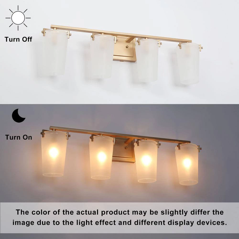 28 in. Modern Farmhouse Bathroom Vanity Light, 4-Light Contemporary Gold Wall Sconces with Bell Frosted Glass Shades by Uolfin - Image 8