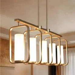 Modern Dining Room Linear Chandelier(s) 5-Light Gold Bedroom Chandelier Rectangle Chandelier with Frosted Glass Shades by Uolfin