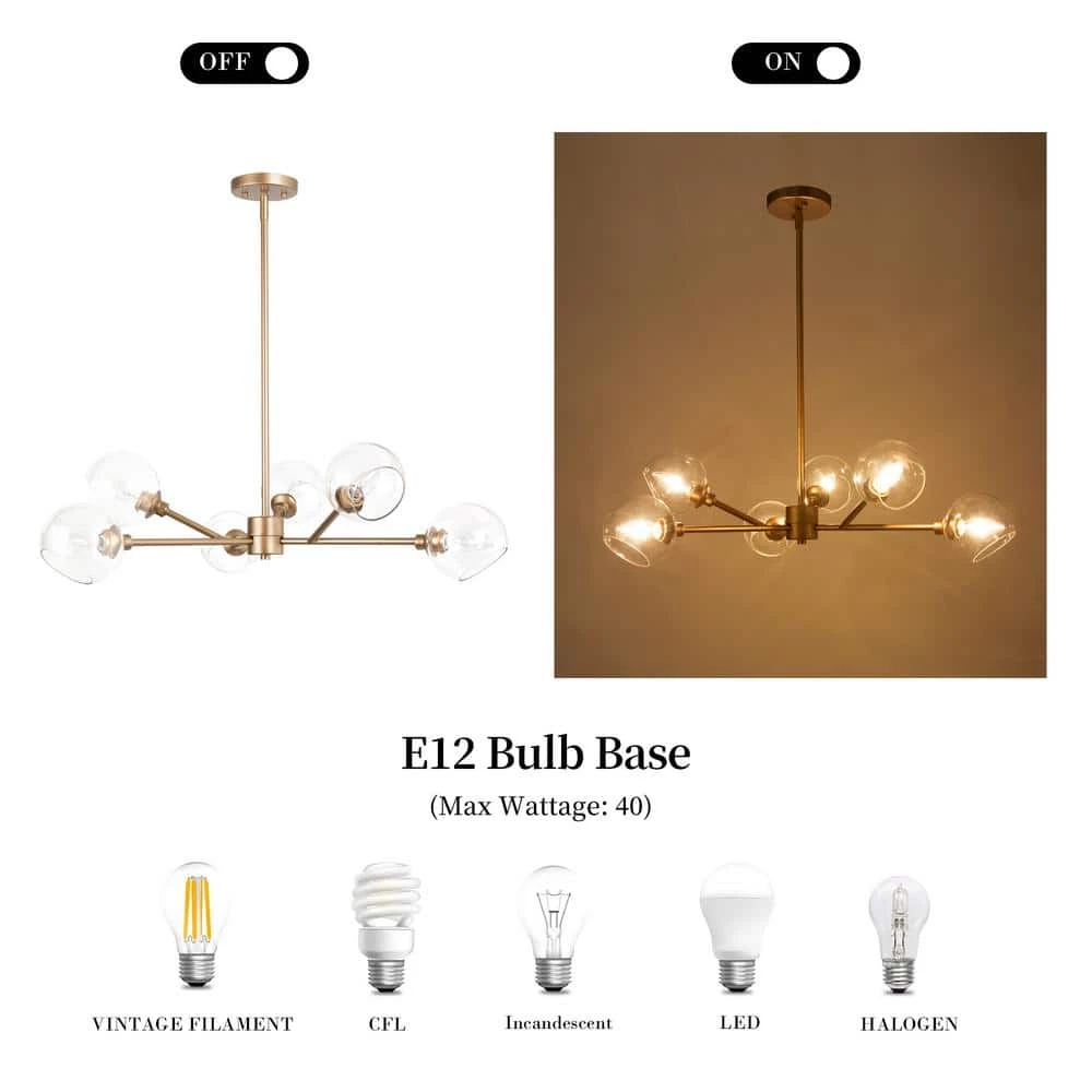 Modern Gold Dining Room Chandelier, Bubble 31.5 in. 6-Light Farmhouse Sputnik Bedroom Chandelier with Clear Glass Shades by Uolfin - Image 6