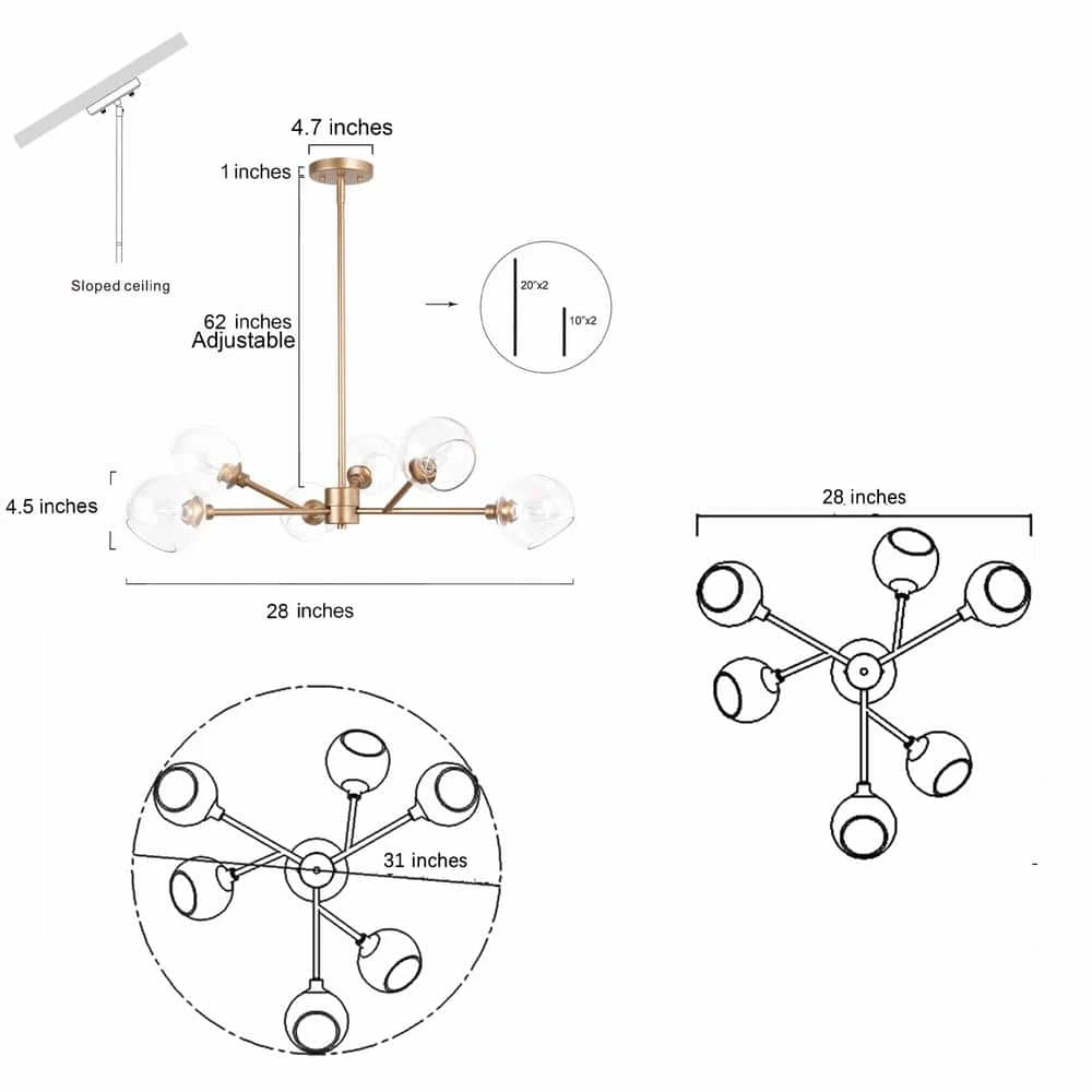 Modern Gold Dining Room Chandelier, Bubble 31.5 in. 6-Light Farmhouse Sputnik Bedroom Chandelier with Clear Glass Shades by Uolfin - Image 5