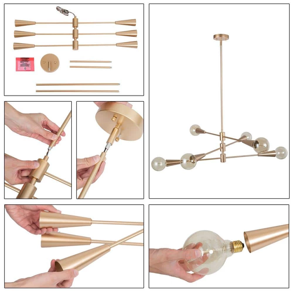 Modern Sputnik Island Chandelier Light Dule 6-Light Brass Gold Linear Chandelier Lighting for Dining Room by Uolfin - Image 7