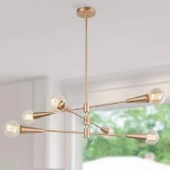 Modern Sputnik Island Chandelier Light Dule 6-Light Brass Gold Linear Chandelier Lighting for Dining Room by Uolfin