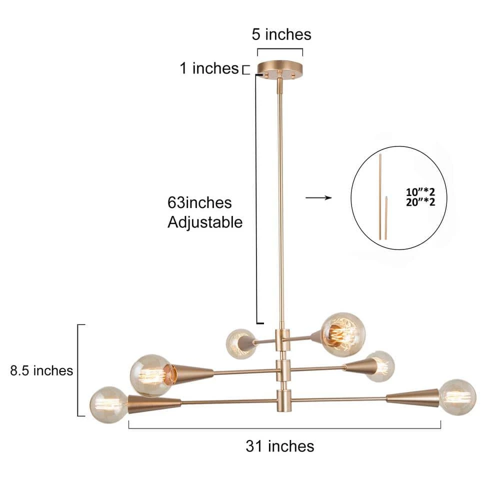 Modern Sputnik Island Chandelier Light Dule 6-Light Brass Gold Linear Chandelier Lighting for Dining Room by Uolfin - Image 5