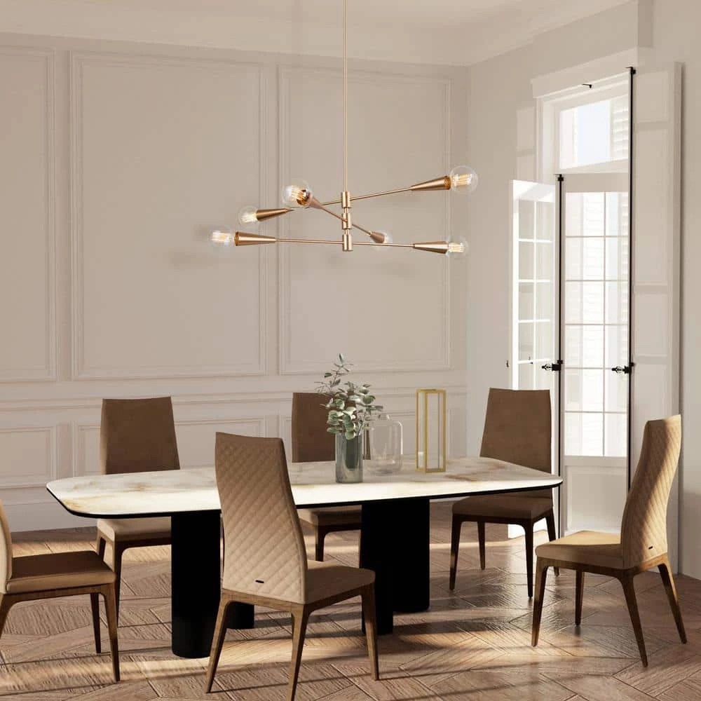 Modern Sputnik Island Chandelier Light Dule 6-Light Brass Gold Linear Chandelier Lighting for Dining Room by Uolfin - Image 2