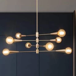 Modern Gold Sputnik Bedroom Chandelier, 31 in. 8-Light Brass Dining Room Linear Island Pendant Light with Four Tiers by Uolfin