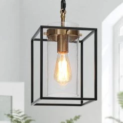 Modern Cage Kitchen Pendant Lighting 1-Light Black & Brass Pendant Light for Kitchen Island with Seeded Glass Shade by Uolfin