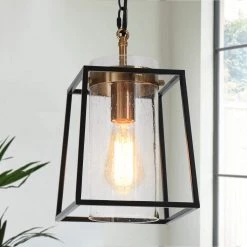 Black and Gold Pendant Light, 1-Light Modern Drum Kitchen Island Pendant Lighting with Seeded Glass Shade by Uolfin