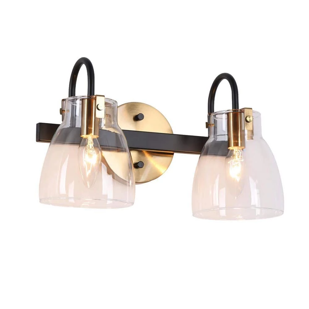 Modern Bathroom Vanity Light, 2-Light Gold and Black Wall Sconce with Clear Glass Shades by Uolfin