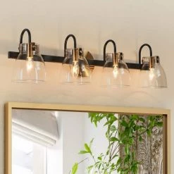 Modern Gold Bathroom Vanity Light, 4-Light Black Wall Sconces with Clear Glass Shades by Uolfin