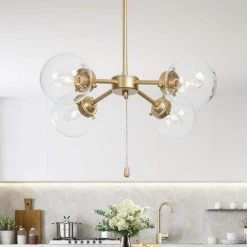 Modern Gold Sputnik Bedroom Chandelier, Naomi 4-Light Brass Island Globe Chandelier with Adjustable Pull Chain Switch by Uolfin