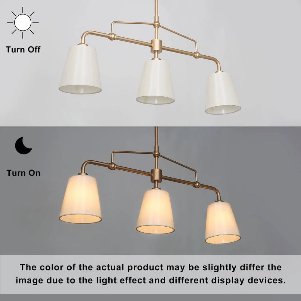 Modern Farmhouse Gold Bedroom Chandelier, 25 in. 3-Light Kitchen Island Linear Pendant Light with Fabric Shade by Uolfin - Image 7
