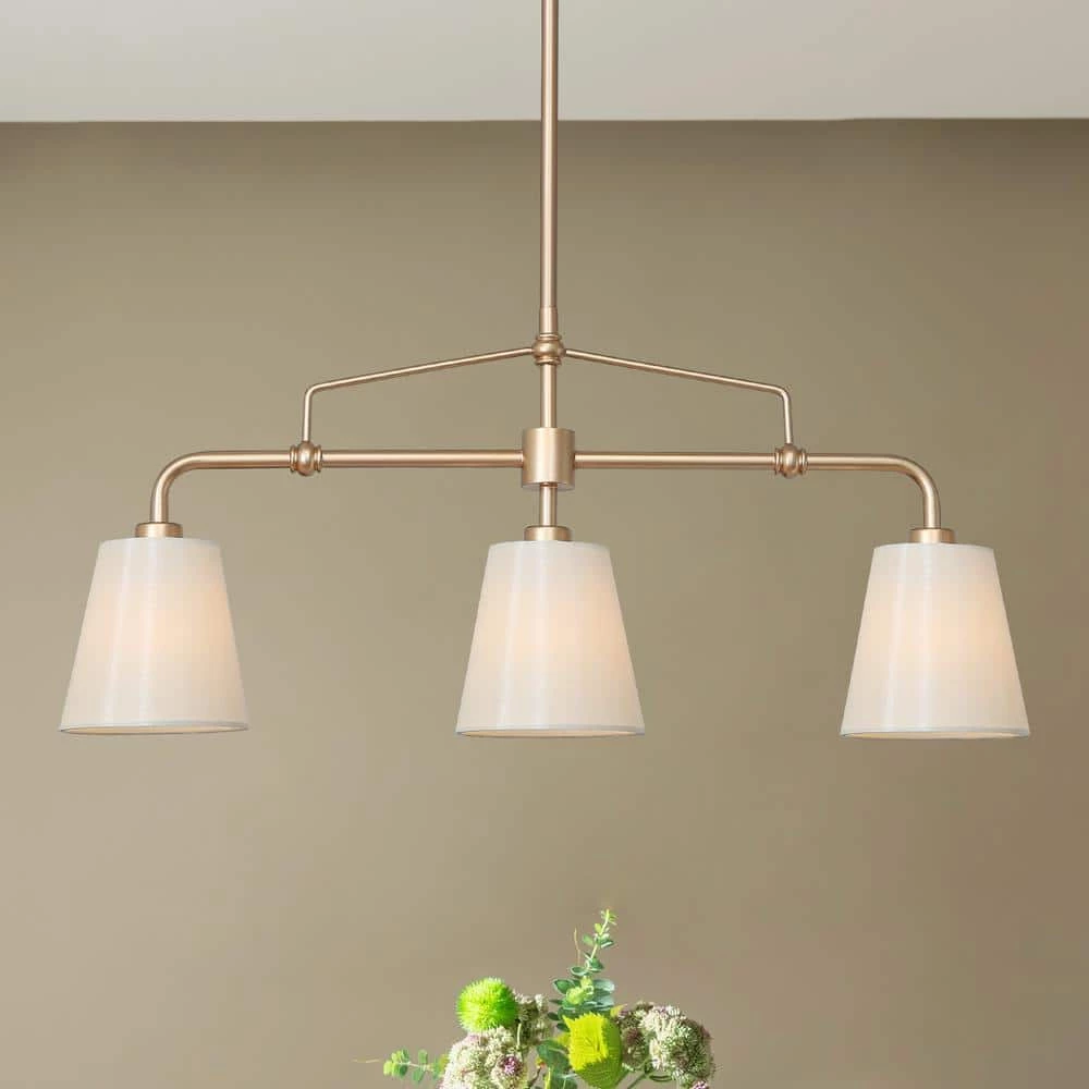 Modern Farmhouse Gold Bedroom Chandelier, 25 in. 3-Light Kitchen Island Linear Pendant Light with Fabric Shade by Uolfin