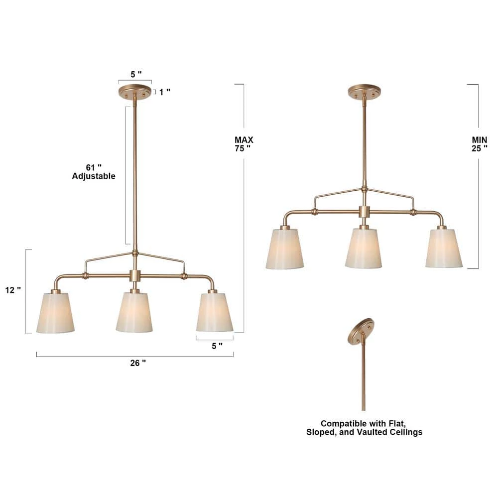 Modern Farmhouse Gold Bedroom Chandelier, 25 in. 3-Light Kitchen Island Linear Pendant Light with Fabric Shade by Uolfin - Image 4