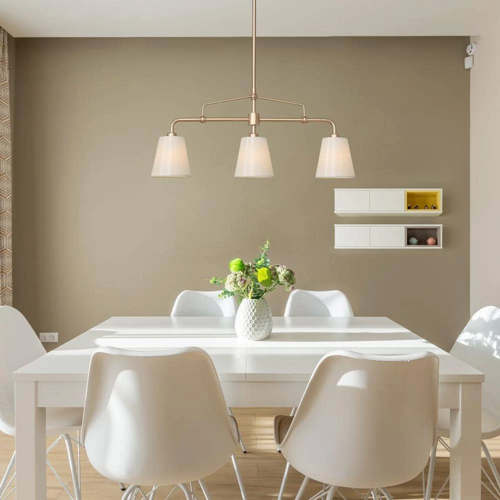 Modern Farmhouse Gold Bedroom Chandelier, 25 in. 3-Light Kitchen Island Linear Pendant Light with Fabric Shade by Uolfin - Image 2