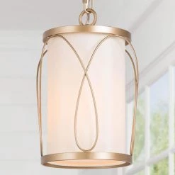 Modern Farmhouse Bedroom Pendant Light, 1-Light Gold Lantern Cage Fabric Mini Pendant by Uolfin