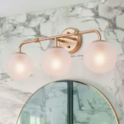 Modern Round Bathroom Vanity Light 3-Light Gold Globe Wall Sconce Light with Frosted Glass Shades by Uolfin