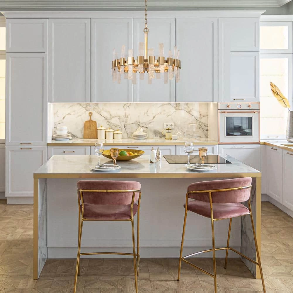 Modern Gold Kitchen Island Chandelier, Eicy 6-Light Minimalist Round Ceiling Light with Icing Glass Strips by Uolfin - Image 3