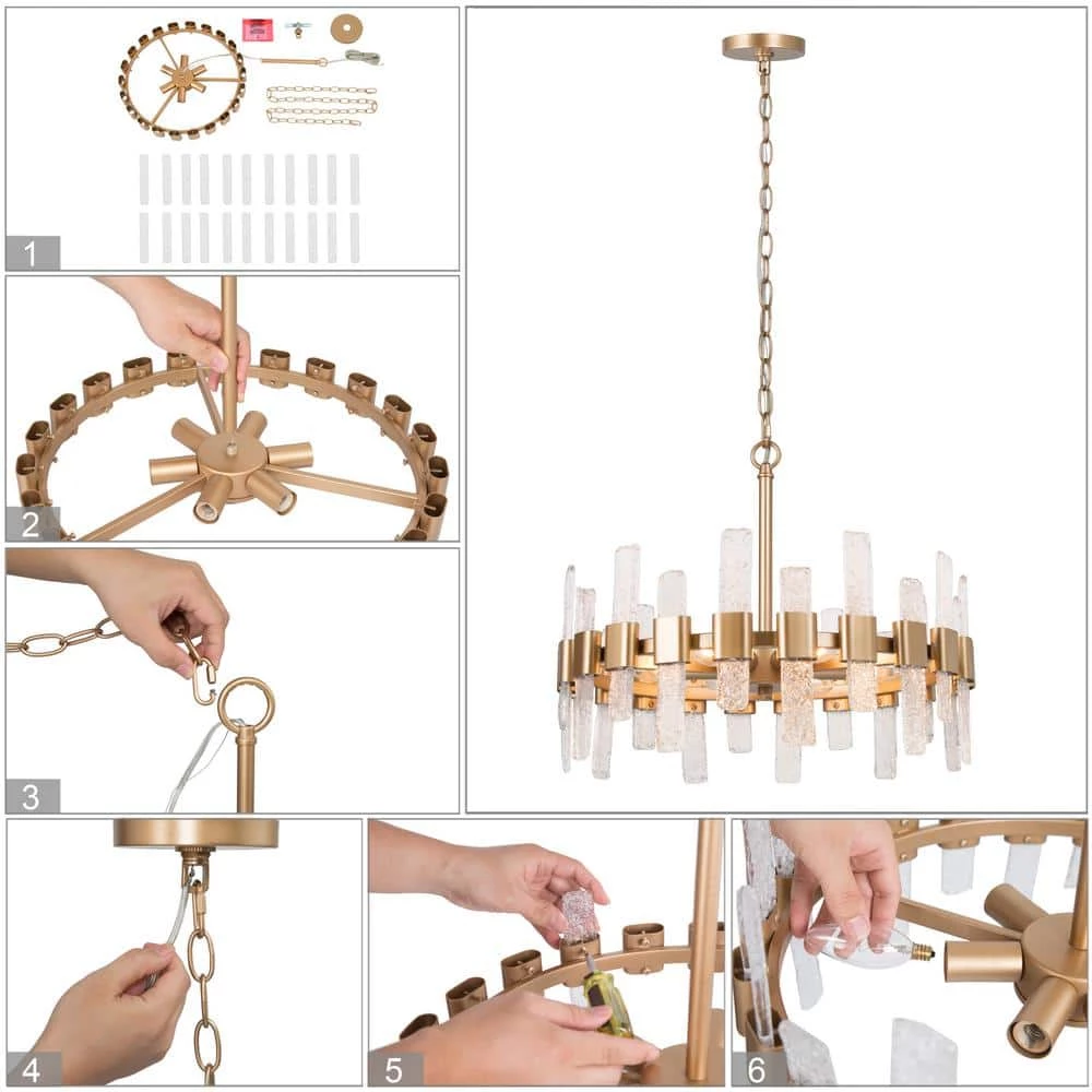 Modern Gold Kitchen Island Chandelier, Eicy 6-Light Minimalist Round Ceiling Light with Icing Glass Strips by Uolfin - Image 6