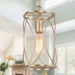 Modern Gold Dining Room Pendant Light, Reperio 1-Light Antique Island Pendant Light with Wire Metal Cage by Uolfin
