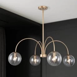Modern Gold Dining Room Chandelier, 4-Light Sputnik Globe Island Bedroom Chandelier with Seeded Glass Shade by Uolfin
