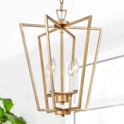 Antique Gold Rectangle Chandelier Light, Quinn 4-Light Modern Geometric Chandelier by Uolfin