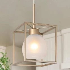Modern Lantern Island Pendant Light Eicy 1-Light Gold Cage Chandelier Pendant Light with Frosted Glass Shade by Uolfin