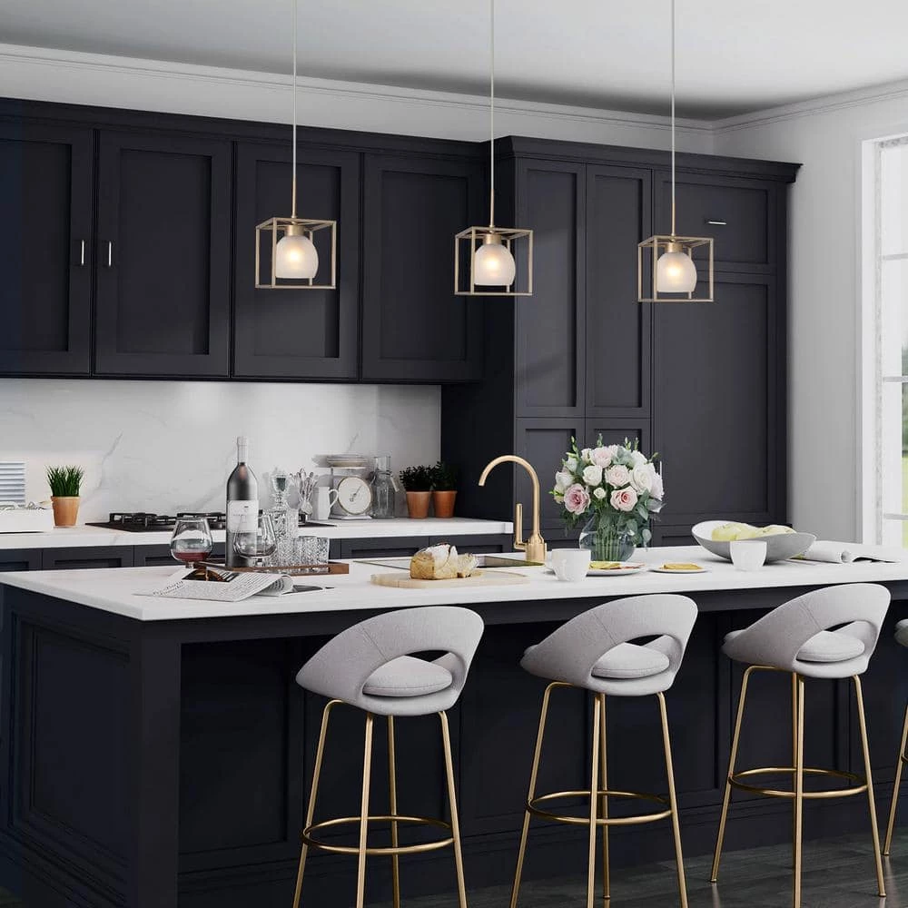 Modern Lantern Island Pendant Light Eicy 1-Light Gold Cage Chandelier Pendant Light with Frosted Glass Shade by Uolfin - Image 2