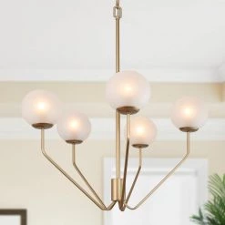 Modern Farmhouse Island Chandelier Light, 5-Light Transitional Gold Branches Chandelie with Frosted Glass Shades by Uolfin
