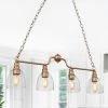 Farmhouse Gold Dining Room Chandelier, 4-Light Modern Bedroom Linear Chandelier Light with Seeded Glass Shades by Uolfin