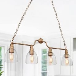 Farmhouse Gold Dining Room Chandelier, 4-Light Modern Bedroom Linear Chandelier Light with Seeded Glass Shades by Uolfin
