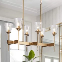 Modern Gold Dining Room Chandelier, 6-Light Island Bell Chandelier with Clear Glass Shades by Uolfin
