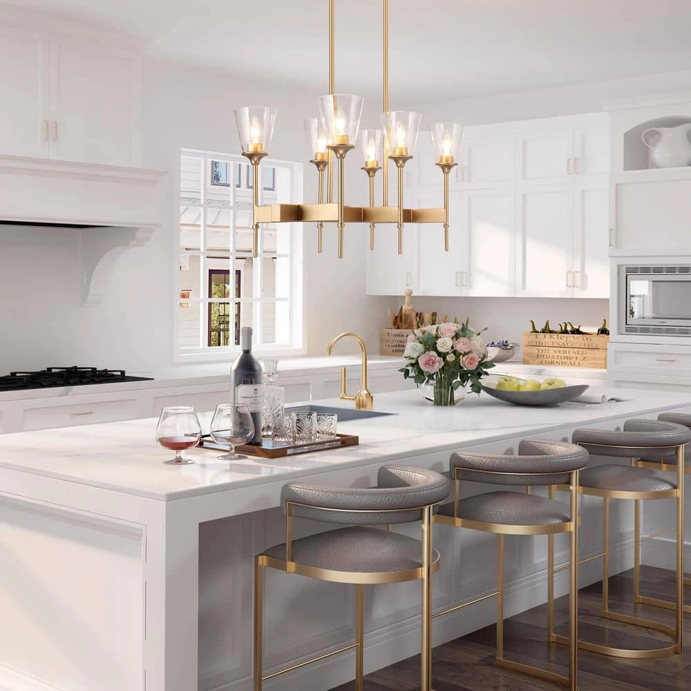 Modern Gold Dining Room Chandelier, 6-Light Island Bell Chandelier with Clear Glass Shades by Uolfin - Image 2