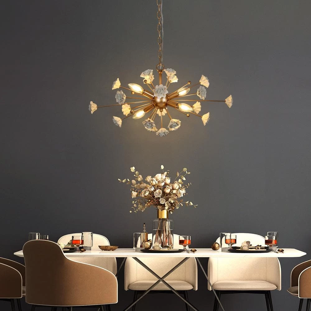 Modern Gold Dining Room Chandelier, 4-Light Cluster Kitchen Island Chandelier with White Ceramic Flowers by Uolfin - Image 3