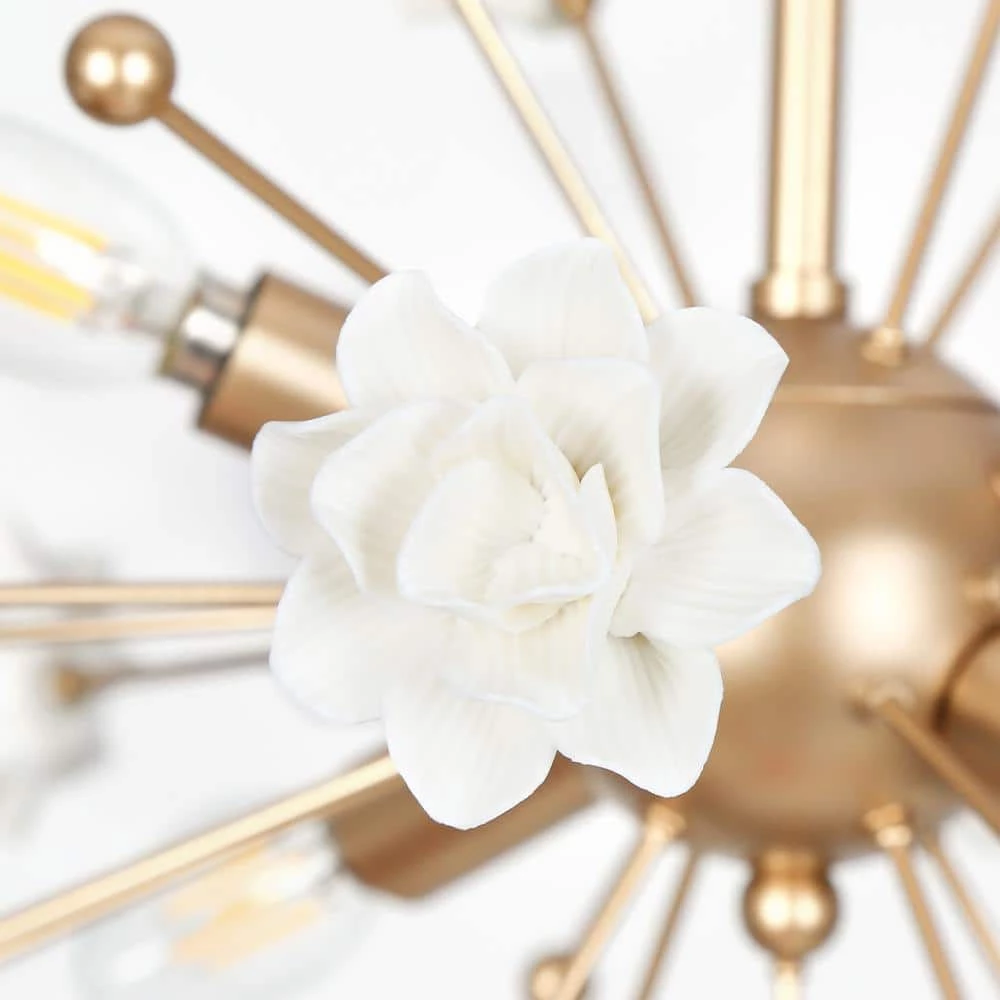 Modern Gold Dining Room Chandelier, 4-Light Cluster Kitchen Island Chandelier with White Ceramic Flowers by Uolfin - Image 6