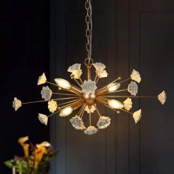Modern Gold Dining Room Chandelier, 4-Light Cluster Kitchen Island Chandelier with White Ceramic Flowers by Uolfin