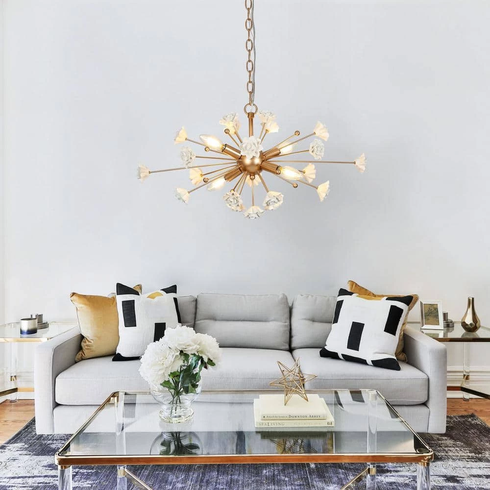 Modern Gold Dining Room Chandelier, 4-Light Cluster Kitchen Island Chandelier with White Ceramic Flowers by Uolfin - Image 4