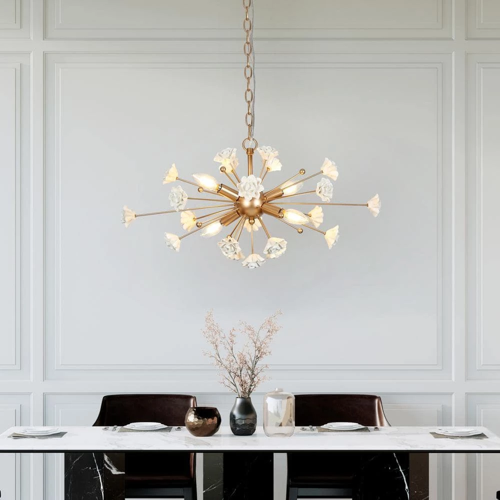 Modern Gold Dining Room Chandelier, 4-Light Cluster Kitchen Island Chandelier with White Ceramic Flowers by Uolfin - Image 2