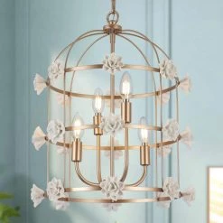 Modern Gold Hanging Chandelier Light, 4-Light Contemporary Cage Dining Room Chandelier with White Ceramic Flowers by Uolfin