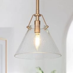 Modern Mini Pendant Light, 1-Light Gold Kitchen Island Pendant Light with Seeded Glass Shade by Uolfin