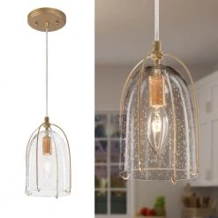 Moder Gold Kitchen Island Hanging Light, 1-Light Bell Dining Room Pendant Light with Seeded Glass Shade by Uolfin
