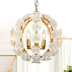 Modern Globe Dining Room Chandelier 3-Light Gold Chandelier Light with White Ceramics Flowers by Uolfin